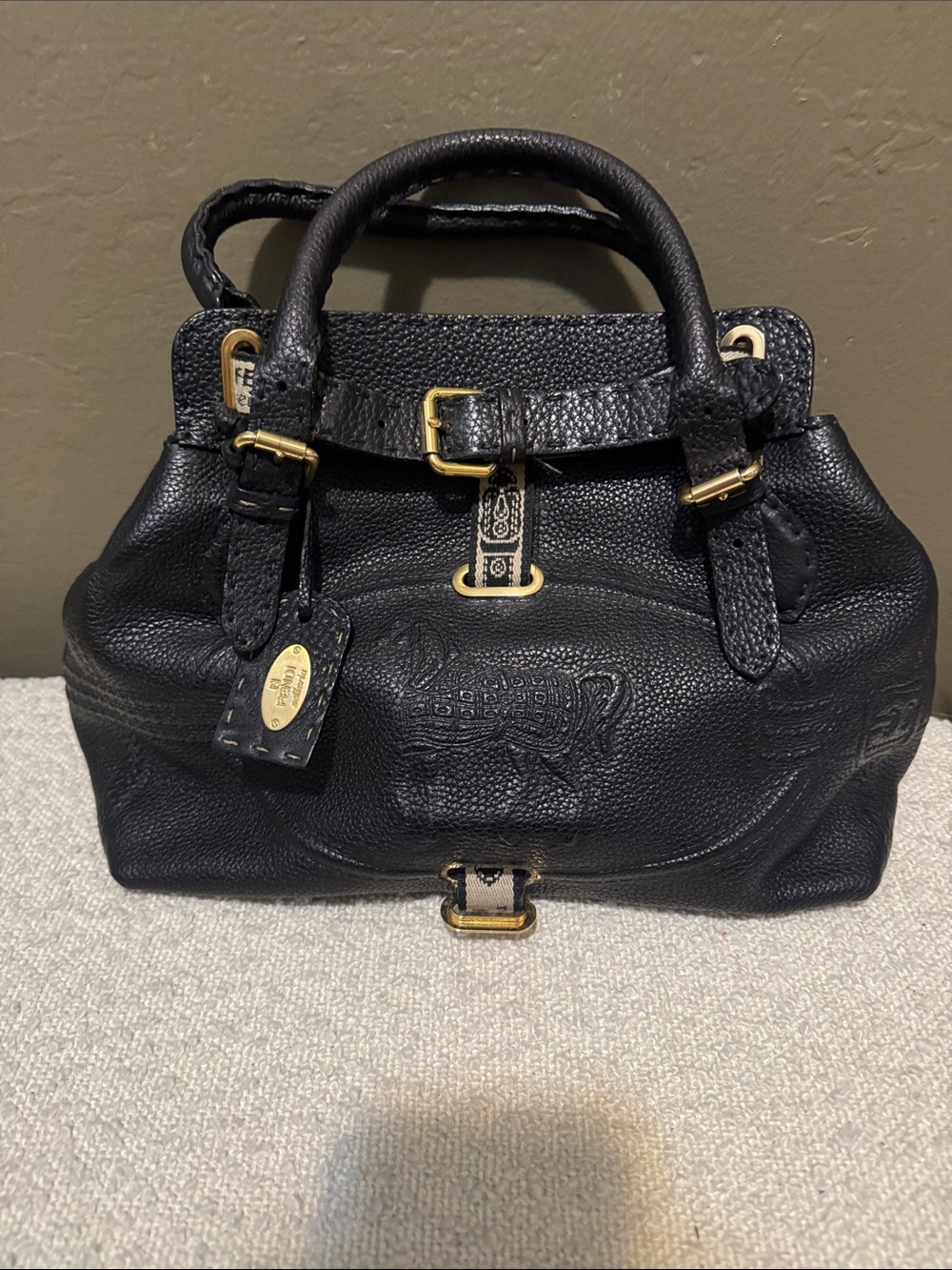 Authentic Fendi Selleria Small Black Pebbled Leather Horse Embossed Handbag|Rare - Picture 3 of 14